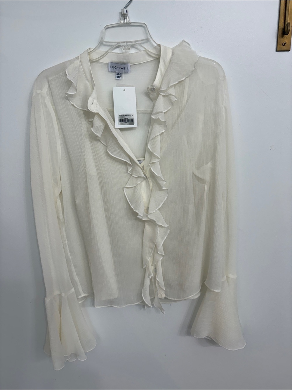 Lucy Paris Ivory Ruffle V-Neck Sheer Blouse